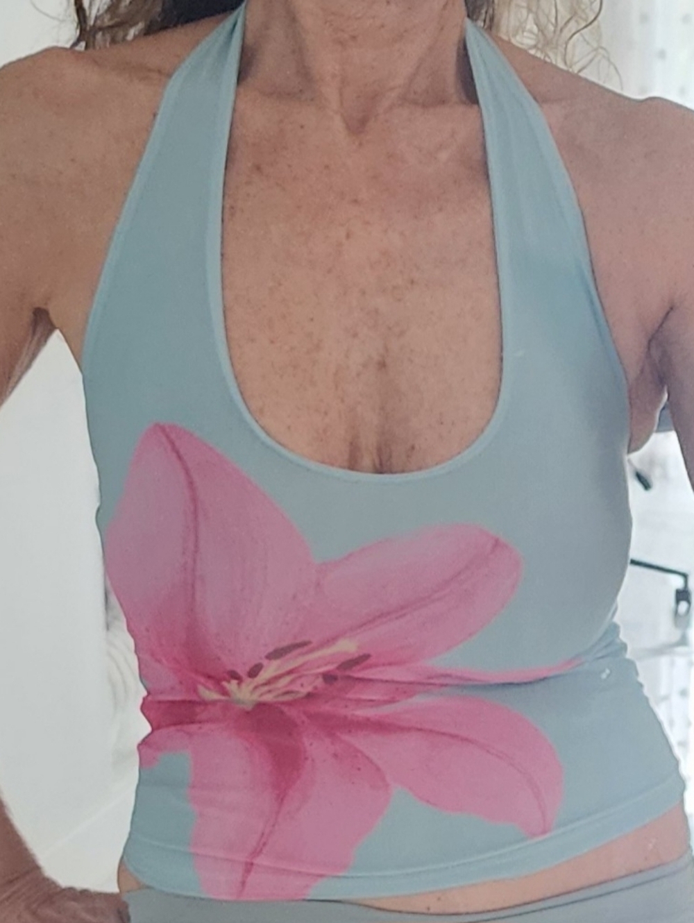 Pink Rose Light Blue Halter One-Piece with Pink Floral Print